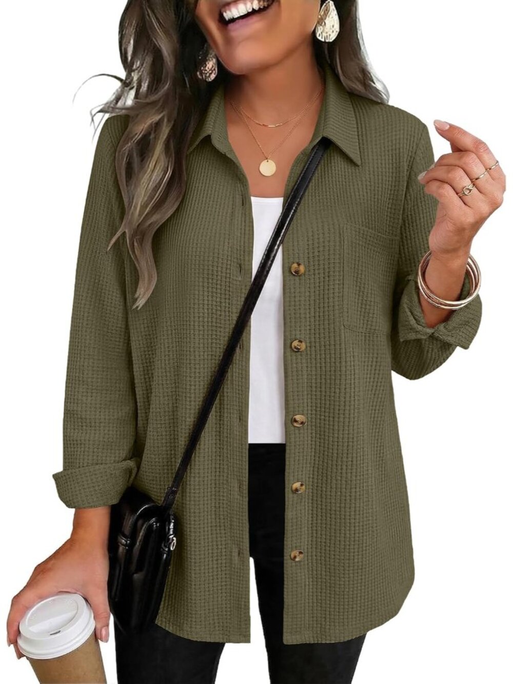 Women's Waffle Knit Shacket - Cozy, stylish, versatile for fall